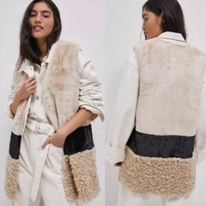 By Anthropologie Faux Fur Colorblock Vest Cream Black Tan One Size MM200528-03